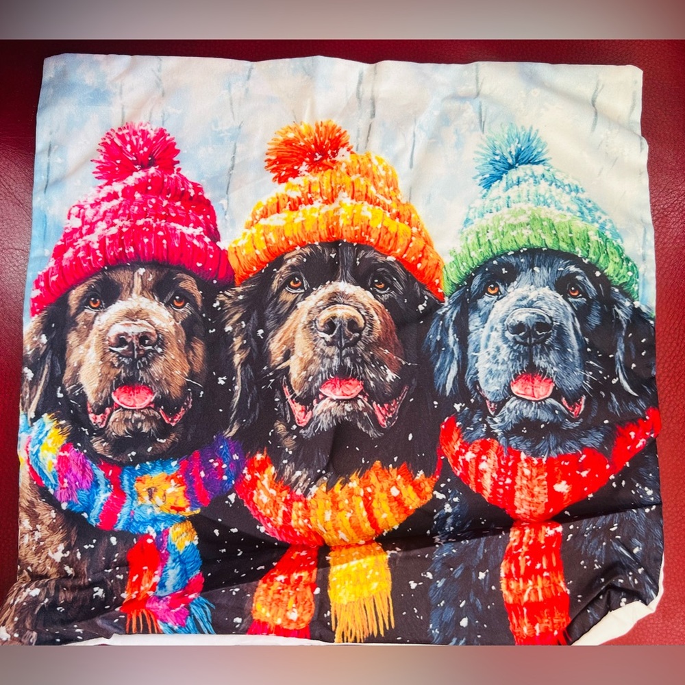 🆕 Newfoundland Dogs in snow 11.8” square polyester pillow cover